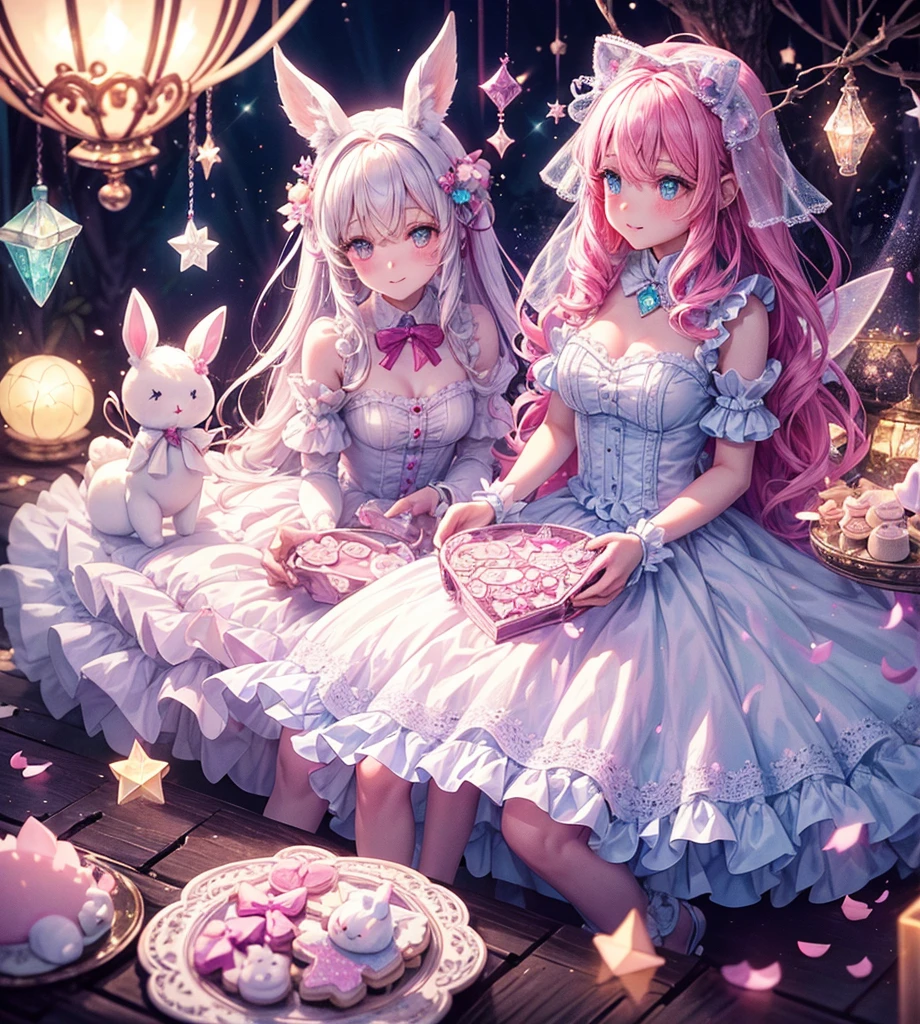 Making handmade cookies by combining them like a puzzle　in the forest　Candy House　Fairy World　chocolate　　The light shines through　Delicate lace and ribbon　Light color　Pale pink