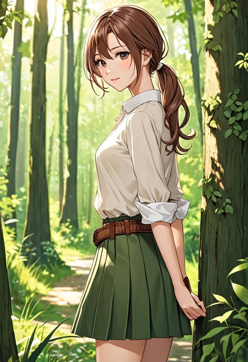 A slender young woman with long, wavy chestnut hair tied into a loose, low ponytail adorned with a simple ribbon, wearing a practical yet elegant outfit consisting of a fitted, cream-colored blouse with rolled-up sleeves, a knee-length, forest green skirt with subtle pleats, and sturdy brown leather boots, complemented by a woven belt and a small, crossbody satchel.