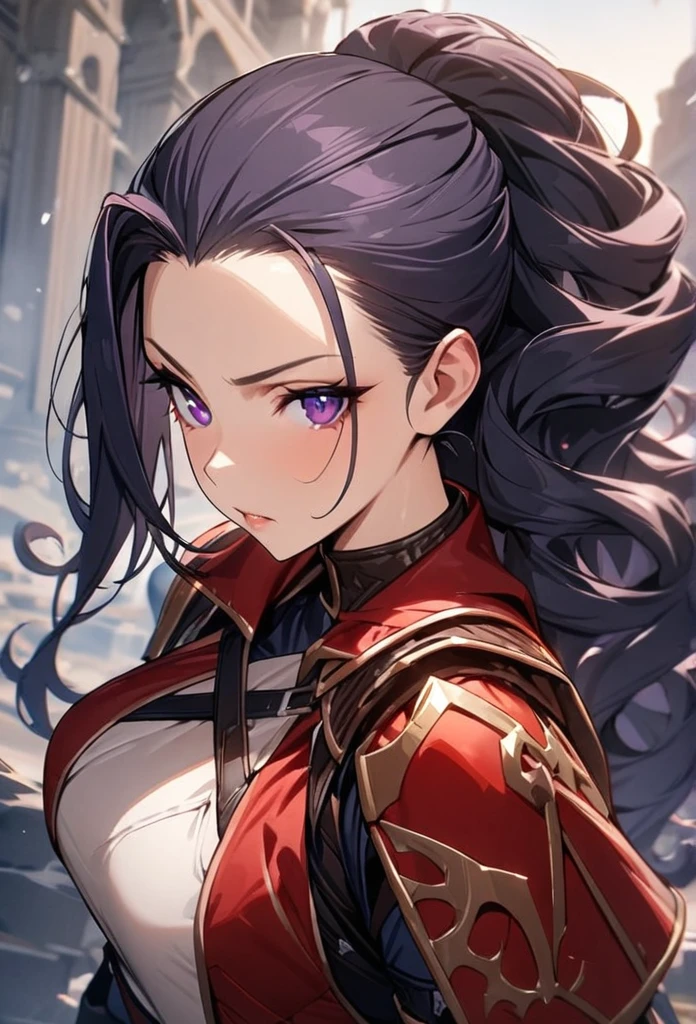 Solo, 1 women, dark blue hair, purple eyes, (((high quality))), masterpiece, detailed face, Curly Hair, long hair, hair pulled back, bangs pulled back, beautiful, noble combat clothes, ((fantasy combat clothes)), ((red noble clothes))