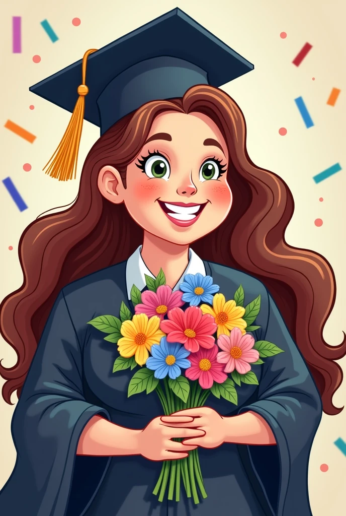 Cartoon of a chubby woman with long hair holding a bouquet of flowers at graduation.
