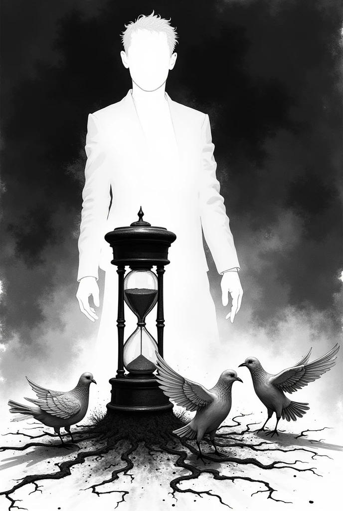Drawing depicting chronicles of a death foretold in black and white and featuring doves and the hourglass and the death of Antiago Nasar(only the outline of the drawing)
Outline of the drawing