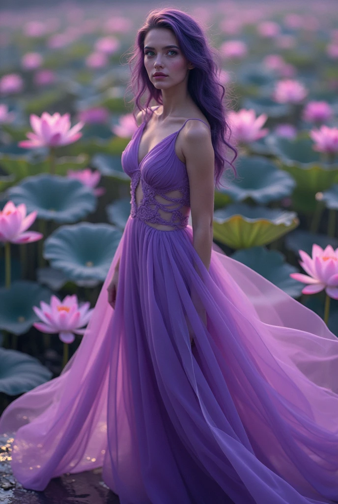 English woman 20 years old,skin fair,sparkling green eyes,dark purple hair,wearing a long purple transparent dress,stepped on several lotuses,She is serene,enarioposes,make-up,cinema image,品質,full body images,detailed,full body image,high resolution,Tuuli,tudo ao Tuuli,purple lighting,