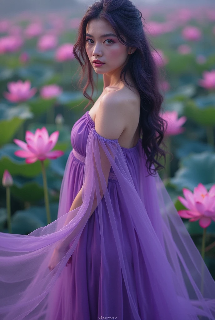 English woman 20 years old,skin fair,sparkling green eyes,dark purple hair,wearing a long purple transparent dress,stepped on several lotuses,She is serene,enarioposes,make-up,cinema image,品質,full body images,detailed,full body image,high resolution,Tuuli,tudo ao Tuuli,purple lighting,