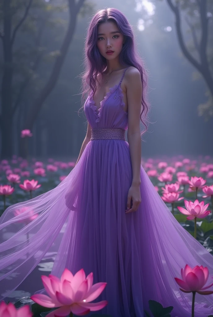English woman 20 years old,skin fair,sparkling green eyes,dark purple hair,wearing a long purple transparent dress,stepped on several lotuses,She is serene,enarioposes,make-up,cinema image,品質,full body images,detailed,full body image,high resolution,Tuuli,tudo ao Tuuli,purple lighting,