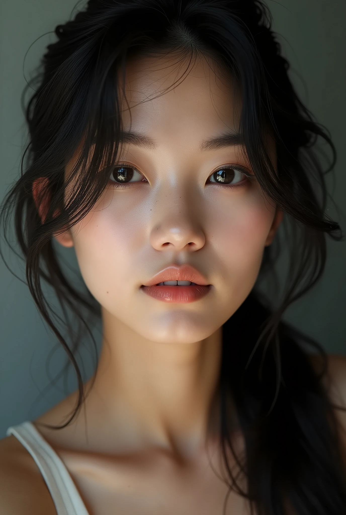 Beautiful skinny asian girl with dark hair. selfie