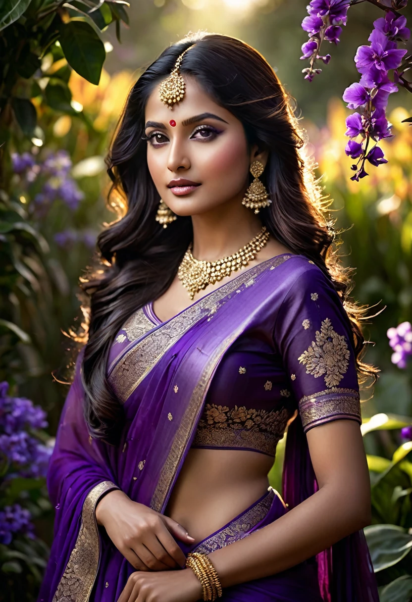 A charming and graceful Indian woman embodies the regal beauty of a purple flower. She has elegant and refined features with an exotic touch, her long, dark hair falling in waves, adorned with delicate purple floral details that mimic the vibrant petals of the flower. (((A woman with long, dark hair and purple floral adornments 1.75))) (((incredibly beautiful and enchanting))), her skin is a warm golden bronze, creating a rich and harmonious contrast with the deep purples and violets.
She stands in a garden surrounded by lush violet flowers bathed in the soft, golden light of dusk, surrounded by a profusion of vibrant purple flowers that reflect the elegance of her presence. Her attire is a traditional, flowing sari in shades of deep purple and lavender, intricately embroidered with silver threads that catch the light, recalling the delicate veins of the flower's petals. The sari falls elegantly over her figure, adding to her regal and ethereal charm.
Her eyes are a deep, expressive brown, shining with warmth and mystery as she gazes serenely out into the garden. The soft glow of dusk and the blooming flowers create a magical, almost otherworldly atmosphere around her.
8K, your presence is majestic and captivating, extremely detailed (high quality, realistic, photorealistic: 1.37), with ideal proportions and smooth, radiant skin, meticulously crafted features, exquisite beauty, perfection, artistic artistry, vivid realism, hyper-detailed sculpting, lifelike forms, truly awe-inspiring, impeccable craftsmanship, pure brilliance, natural elegance, delicate yet powerful contours, striking poses, sublime grace, subtle nuances, dynamic compositions, perfect lighting, serene expressions, heavenly aura, majestic presence, dreamlike atmosphere, unparalleled detailed high-octane rendering, trending on artstation, 8k art photography, photorealistic concept art, cinematic volumetric soft natural light, chiaroscuro, award-winning photography, fine art, oil on canvas, beautifu