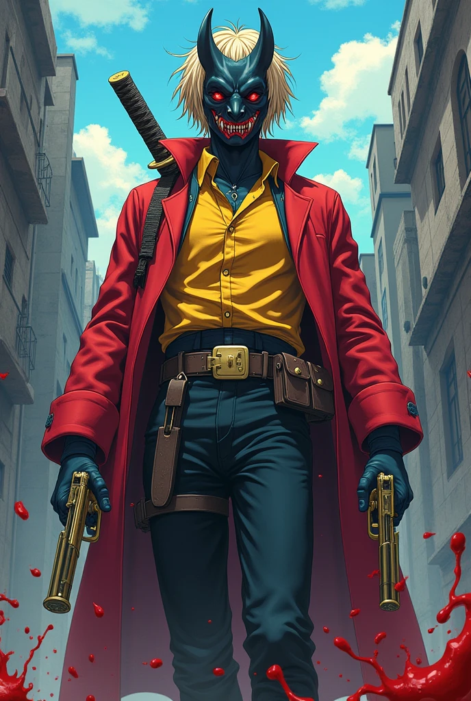 A male teenager, he is blond, has fair skin, and is wearing a very macabre oni mask. He is wearing a yellow and black military shirt. He is wearing a very large red lab coat. He wears black pants, brown shoes, and large black latex gloves between his fingers. He has Wolverine-style claws between his fingers, but they are bright blue and giant. And these claws that are between his fingers are simply made of his blood. The scene may be covered in his blood, which is bright blue. On his back, he has two katanas and a Deadpool-style utility belt with two golden pistols. The place he is in is a city and he is fighting the Fanatic. The image must be in anime.