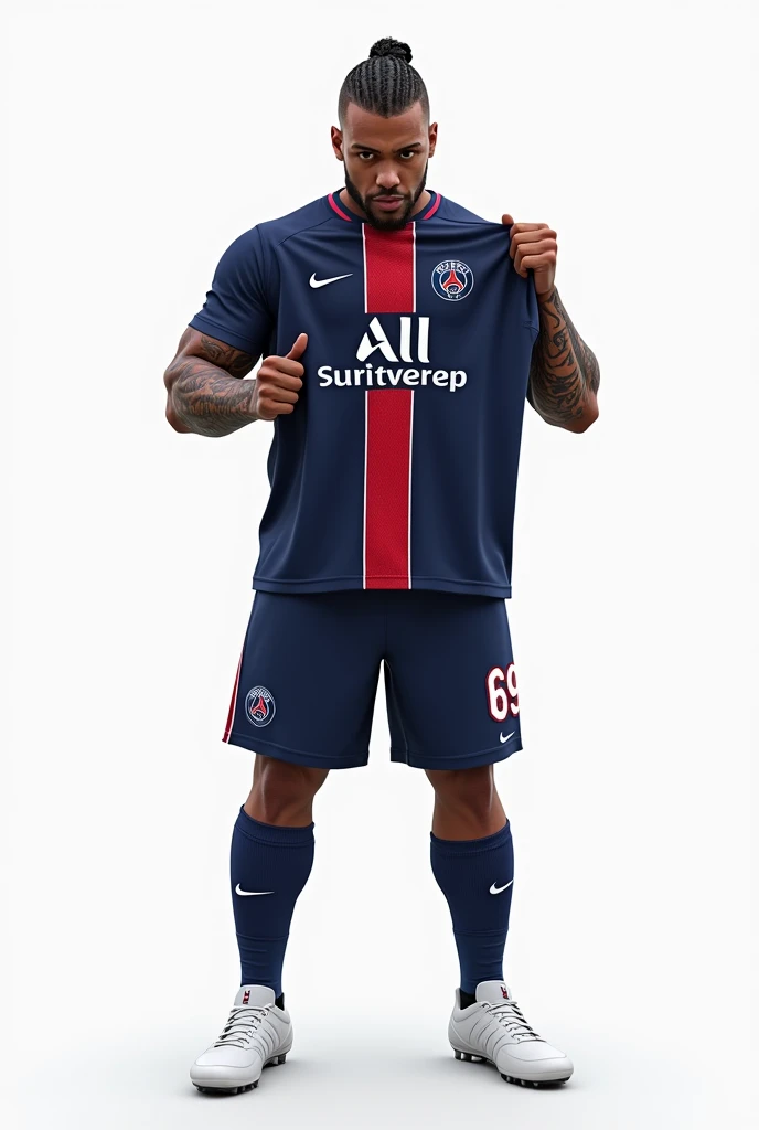 Young 2 sexy Rudo gangster with black hair shaved on the sides with braids brown eyes thick lips athletic body masculine energy and sexy defined chin trimmed beard colored tattoo marked biceps wears black colored man Muslim style, He wears the navy blue PSG uniform with a central red and white stripe., Navy blue shorts with the number 69 and white cleats. The background is white and he is standing kissing the PSG badge on the shirt that he is holding with his team hand. 8k