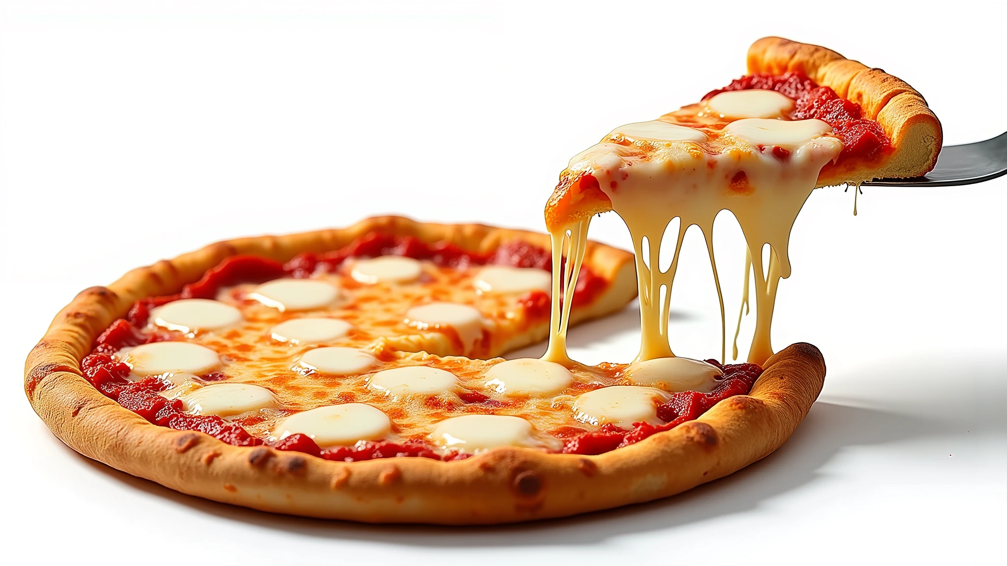 : A slice of pizza being pulled away from a whole pie, with strings of melted cheese stretching against a white background. 8k