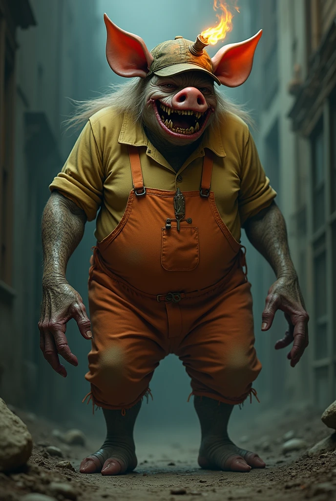 A big grotesque, non-human humanoid creature with a distorted, toothless grin stretching unnaturally across its face. Its eyes are perpetually closed, adding an air of eerie mystery. It wears a worn miner's hat with a dim torch flickering on top. The creature's skin is gnarled and twisted, with pig ears crudely sewn onto its head. Its torso and legs are massive and hulking, contrasting sharply with its thin, grotesquely elongated arms. The creature is clad in a tattered orange jumpsuit over a faded yellow shirt. It is an ancient, malevolent being that feeds on the souls of children. (full body)