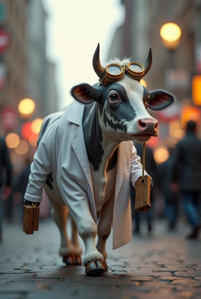 A grey and white striped cow wearing a lab coat and science goggles , hyperrealistic, concept art, octane render, unreal engine 5, trending on DeviantArt, highly detailed, high quality, 8K, soft lighting, cute, street background, street lighting, realistic face, trending on Artstation, elegant clothes, profile picture walking on a protest with a stick in hand
