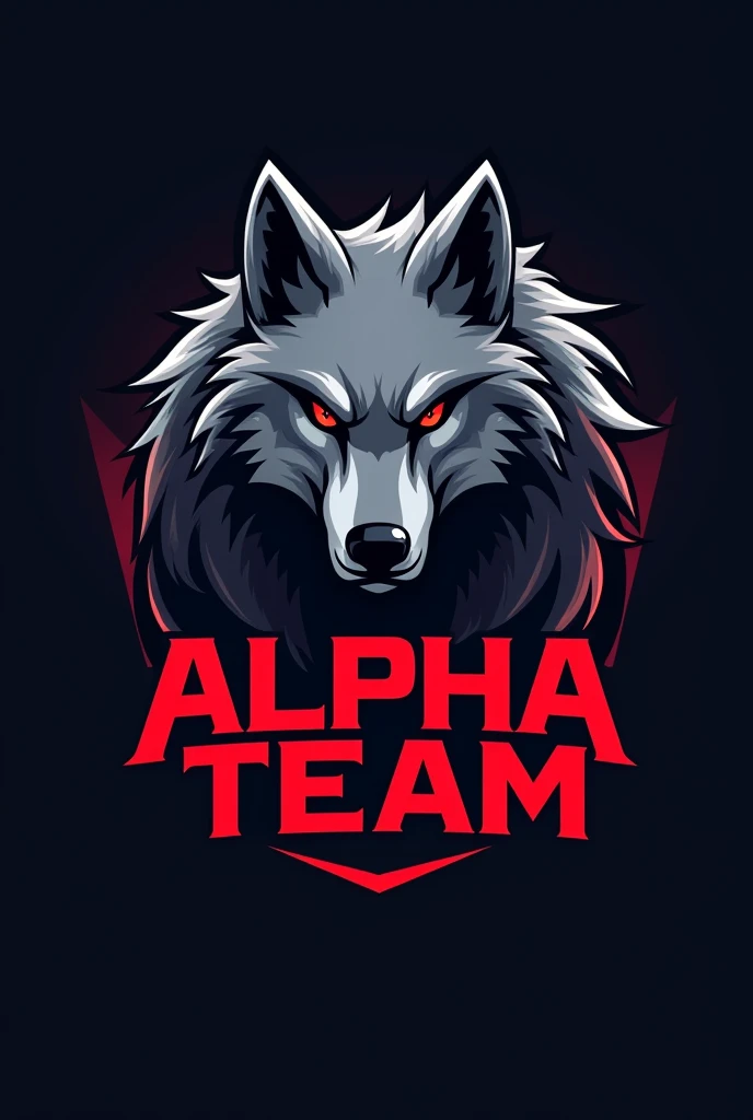 Create a gaming logo of a wolf listening and just below the letters highlighted in red and bold "ALPHA TEAM" make logo without watermark 