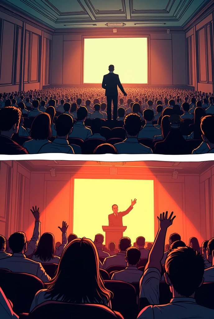 two images in comic book format.
the first image is a speaker in an auditorium with an excited audience with their hands up.
the second image the same speaker in the auditorium and the audience concentrated and only one person with their hand raised.