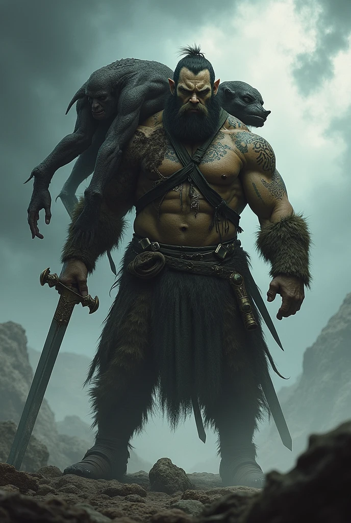An Orc Bard with a villain on his back and a longsword in his hand