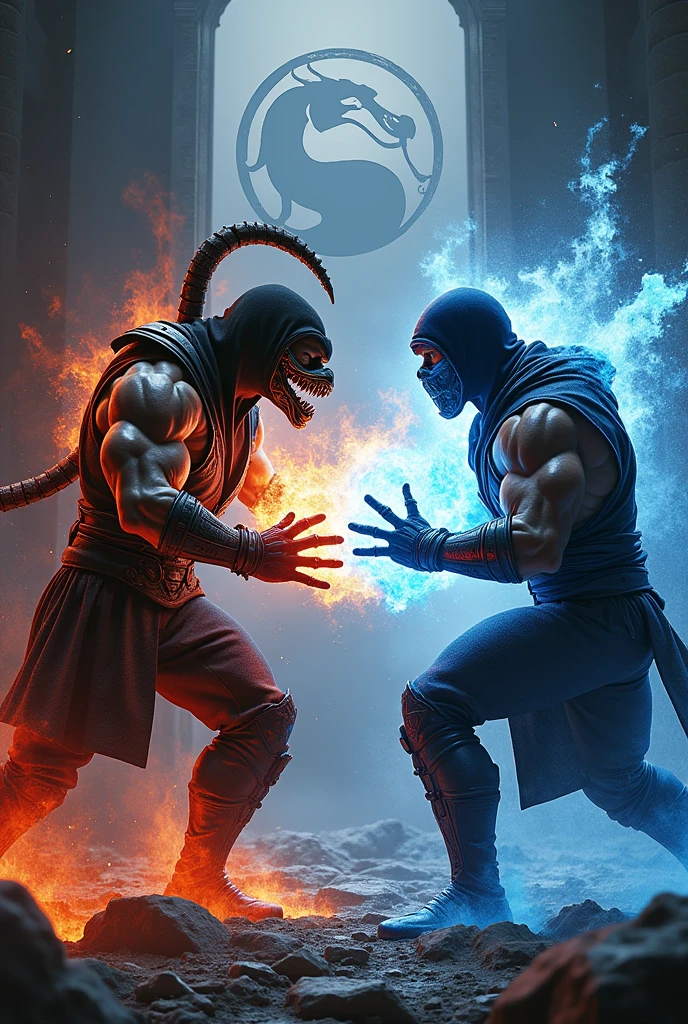 Generate a Mortal Kombat 11 themed image or poster where Scorpion and Subzero are representing a confrontation