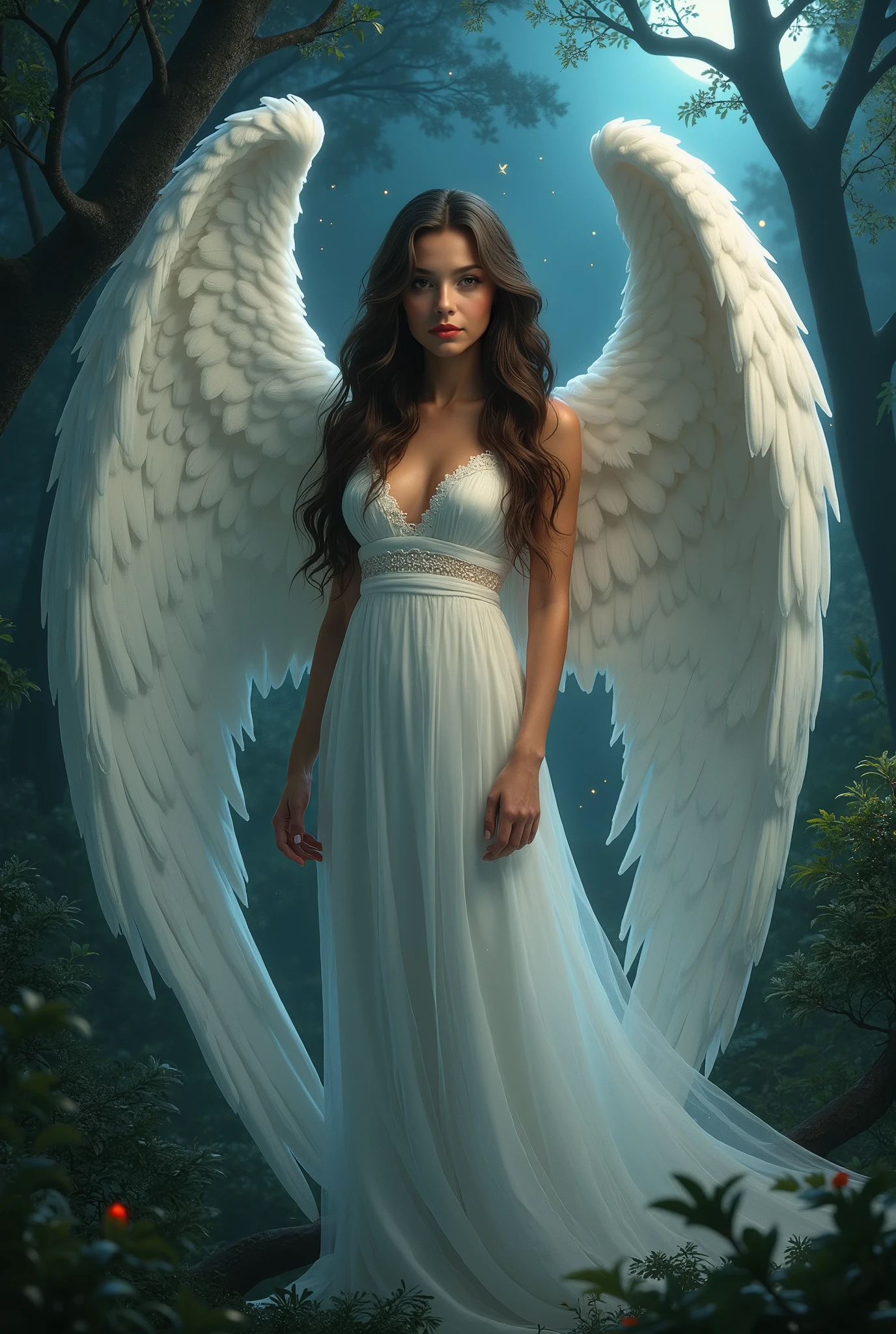 Female angel type Latina girl with brown eyes and long hair, big breasts, perfect face with elegant white transparent dress, big beautiful wings in a night forest under the light of the moon and stars