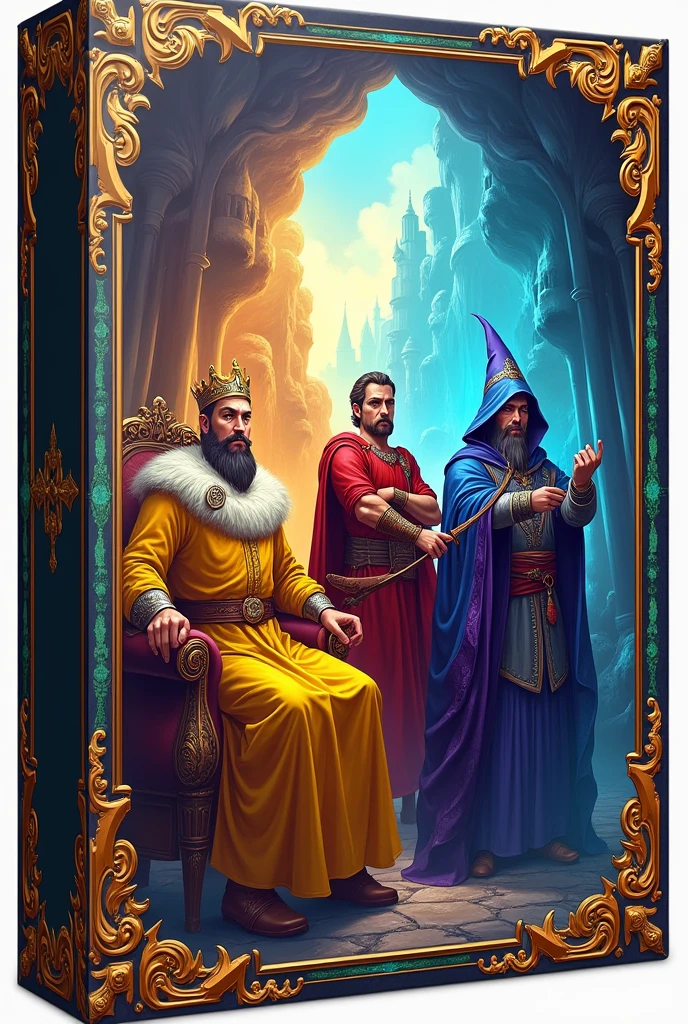 Create a pattern for a game box, with a yellow king on the throne, an archer in red, a man in blue on a horse and a wizard in purple.
