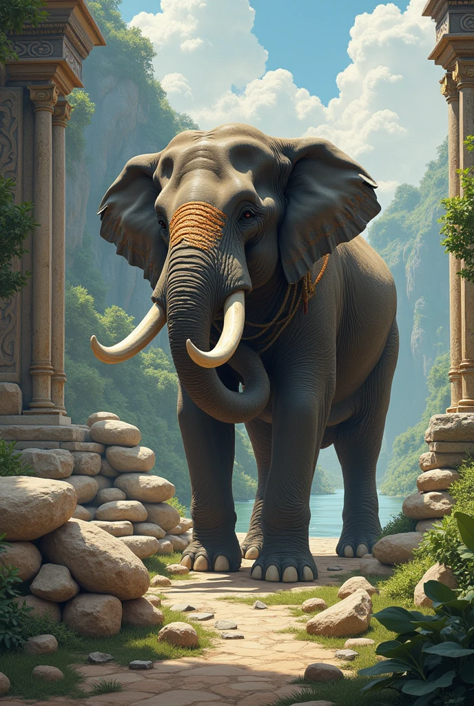 An elephant is dragging stones to build a temple using roap
