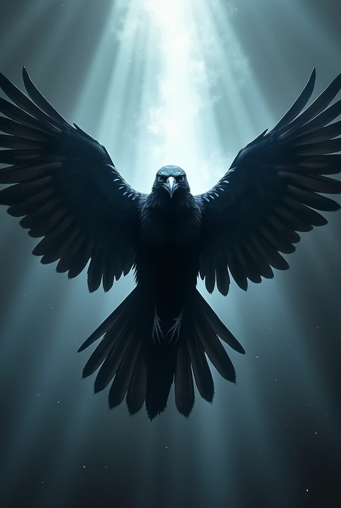 a black crow, strong and imposing with open and shining wings, wrapped in rays