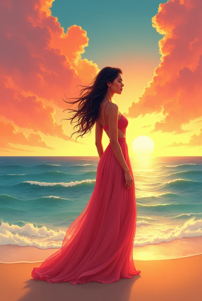 lushill style, Paint a picture of a lovely white woman standing on the beach of a beautiful Caribbean sea / her long red dress is blowing in the wind watching a cloud pass by in the distance by studio Ghibli, Beautiful face/ by artgerm, by wlop, by greg rutkowski, volumetric lighting, 4 k resolution, trending on artstation, masterpiece / beautiful face / by edward hopper