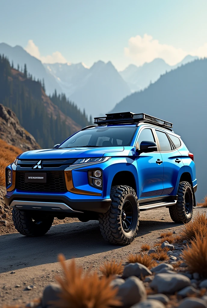 modern misubishi montero pajero blue with all terrain tires