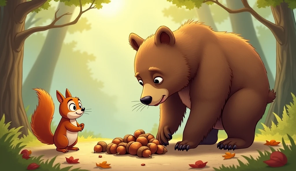 "Squirrel watched in surprise as Bear clumsily tried to gather them back up."
Image: Squirrel looking on with wide eyes as Bear awkwardly tries to pick up the rolling acorns.