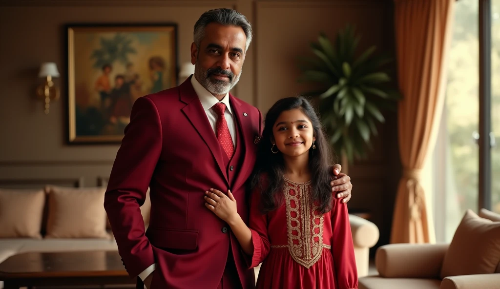 A very big businessman of India who is wearing a red 3 piece suit, he is 50 years old, his hair is black and hair is slightly white, with him he has a daughter whose name is Shreya, she is wearing a modern dress like western and has her hand on her father's shoulder, and that girl is 2, she is very beautiful and both of them live in a very luxurious house 