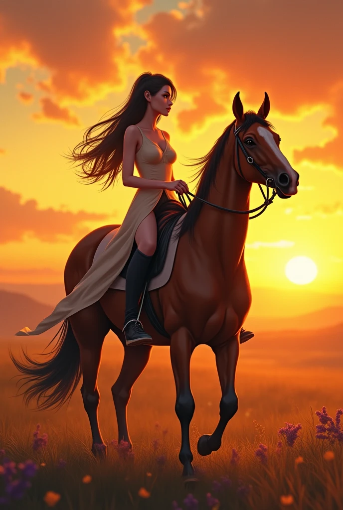2D, Anime style a woman walking behind a horse, women walking behind a horse, beautiful detailed eyes, beautiful detailed lips, extremely detailed eyes and face, long eyelashes, detailed anime style, detailed 2D illustration, dramatic yellow sunset sky, detailed landscape background, realistic lighting, vibrant colors, highly detailed, masterpiece, 8k, photorealistic