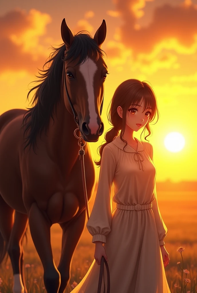 2D, Anime style a woman walking behind a horse, women walking behind a horse, beautiful detailed eyes, beautiful detailed lips, extremely detailed eyes and face, long eyelashes, detailed anime style, detailed 2D illustration, dramatic yellow sunset sky, detailed landscape background, realistic lighting, vibrant colors, highly detailed, masterpiece, 8k, photorealistic