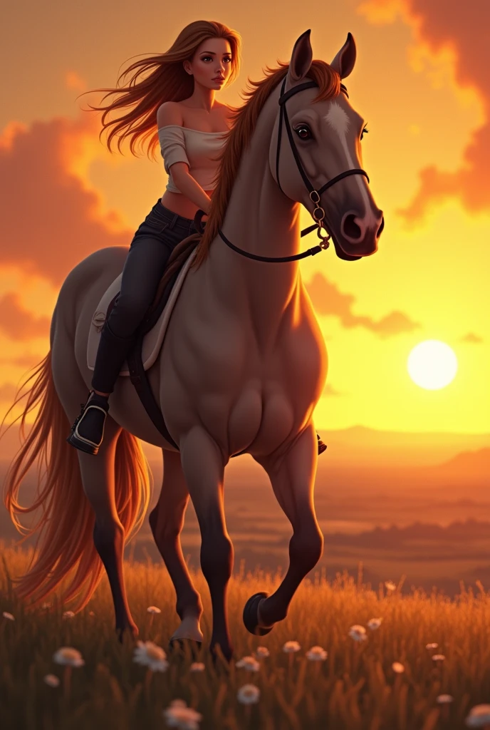 2D, Anime style a woman walking behind a horse, women walking behind a horse, beautiful detailed eyes, beautiful detailed lips, extremely detailed eyes and face, long eyelashes, detailed anime style, detailed 2D illustration, dramatic yellow sunset sky, detailed landscape background, realistic lighting, vibrant colors, highly detailed, masterpiece, 8k, photorealistic