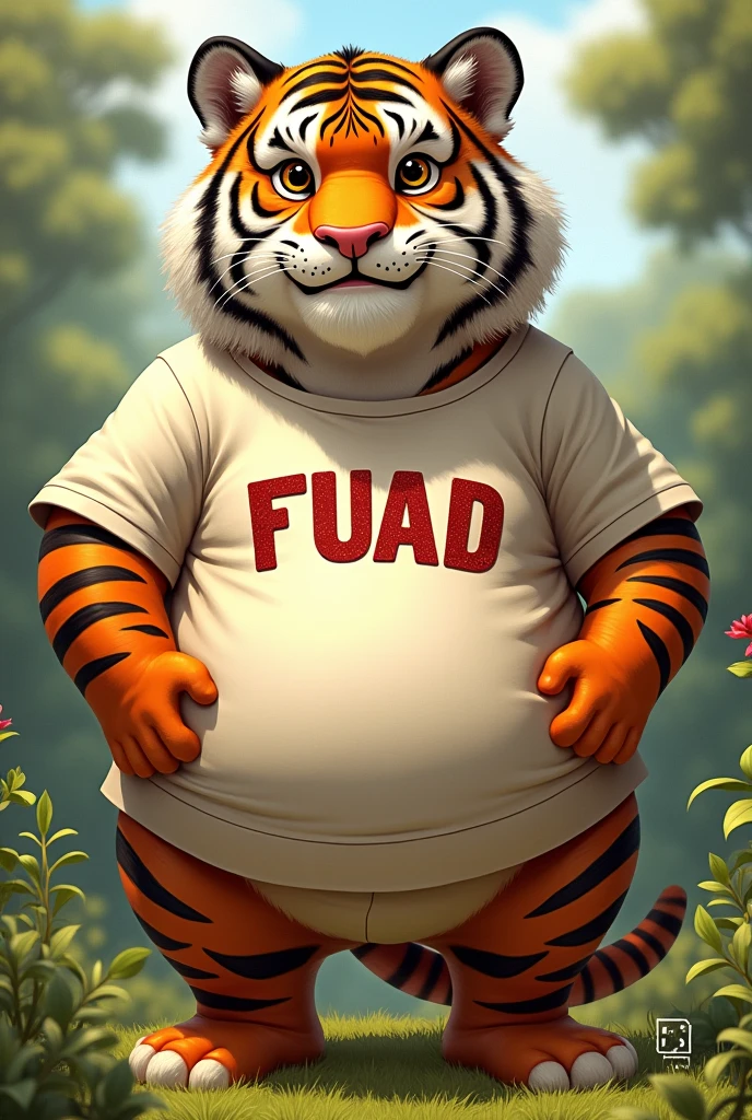 Chubby tiger with a t-shirt that says FUAD in capital letters (realistic drawing)