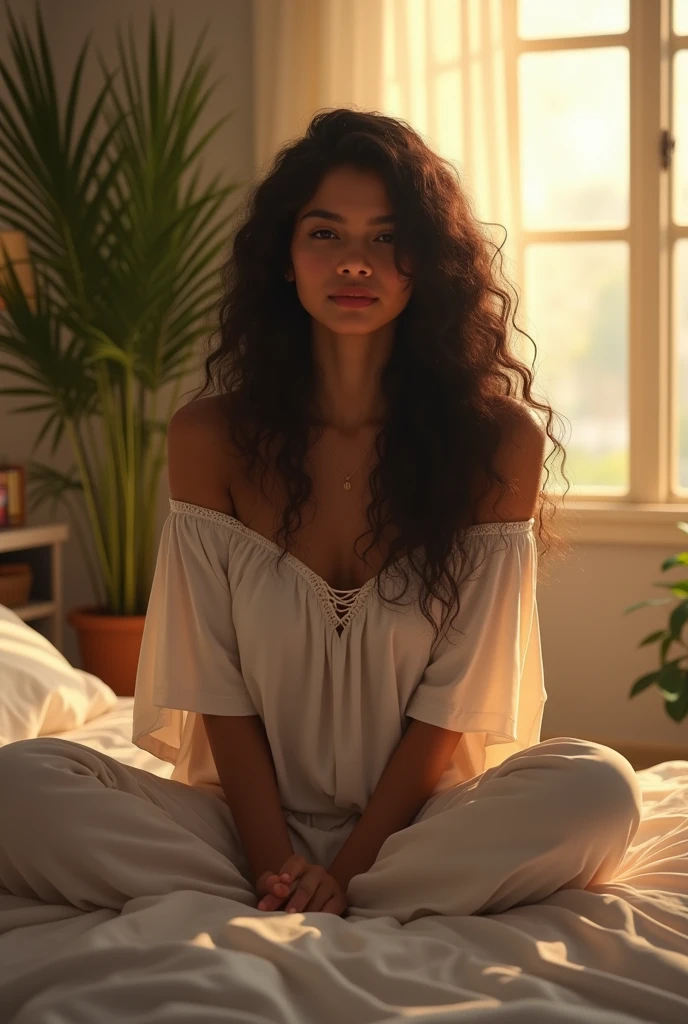 (photorealism:1.2), beautiful Indian young woman, sitting on bed, wearing loose off-shoulder top, pajama pants, long curly hair, indoors, soft lighting, plants in background, window with sunlight, cozy room, relaxed pose, realistic, intricate details, warm colors, by Greg Rutkowski, by Alphonse Mucha