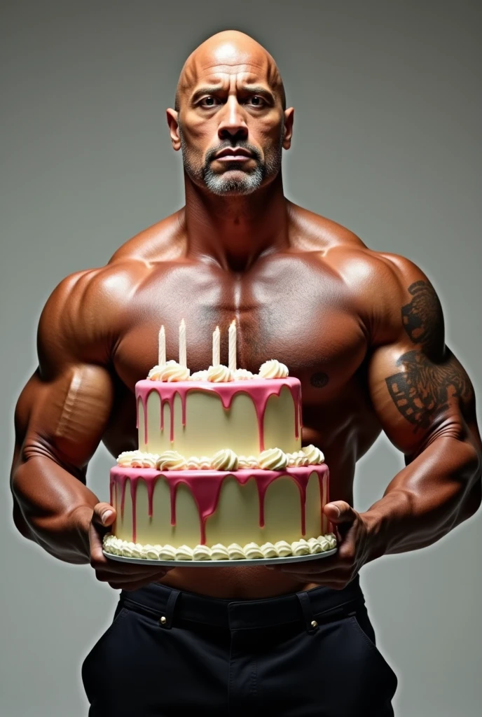 Dwane Jonson, upper body bare holding a big birthday cake in her hands