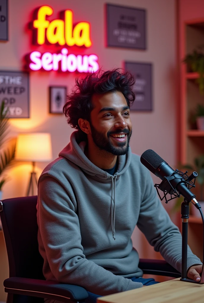 The background could have the name of the podcast “fala serious” in Portuguese in fun typography. Comfortable, modern furniture like a light wood table and black chair with lilac accents add personality. Warm lighting with subtle LED lights creates a welcoming atmosphere. Plants, images with funny phrases and high-quality microphones complement the look, reflecting the light and humorous tone of the program. man Messy hair, comfortable clothes, such as sweatshirts, always with a relaxed look. black skin color