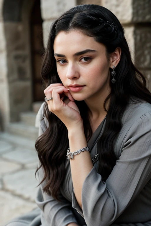 Layde stark game of thrones beautiful face, long, straight, wavy black hair, gray eyes, wearing a modest gray dress, wearing rings on her fingers and earrings