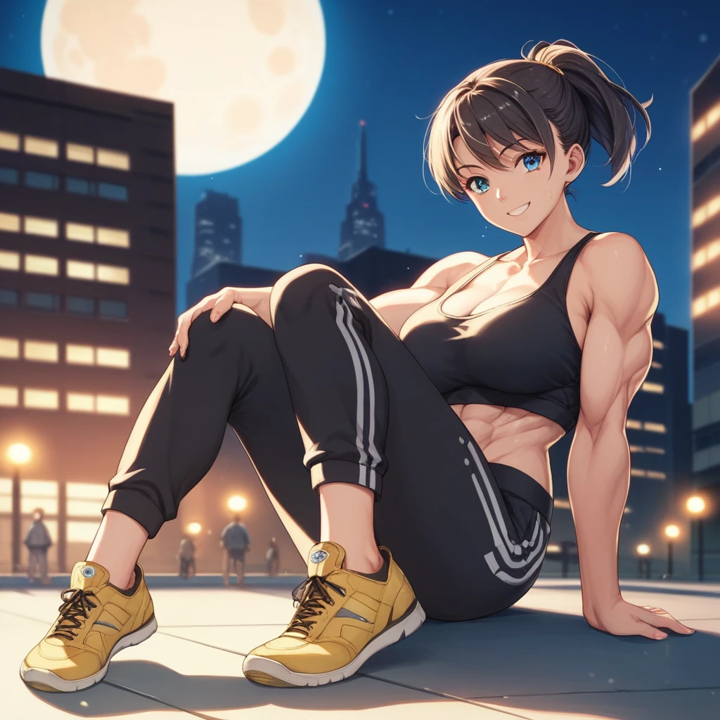 (masterpiece), woman, short hair, Ponytail Hair (Highest quality), Super Resolution, Very detailed, Perfect lighting, Athletic build, Strong and muscular, Large and firm breasts, Black sweatpants, Wearing a black top, Black leggings, Facial happiness, womanに焦点を当てる, Preparing for battle, blue eyes, smile, Yellow sneakers, Manhattan at night, Combat Ready, moon