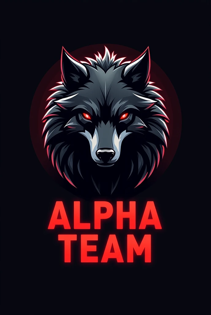 Create a gaming logo of a wolf listening and just below the letters highlighted in red and bold "ALPHA TEAM" make logo without watermark , make the wolf blacker with eyes more highlighted in red