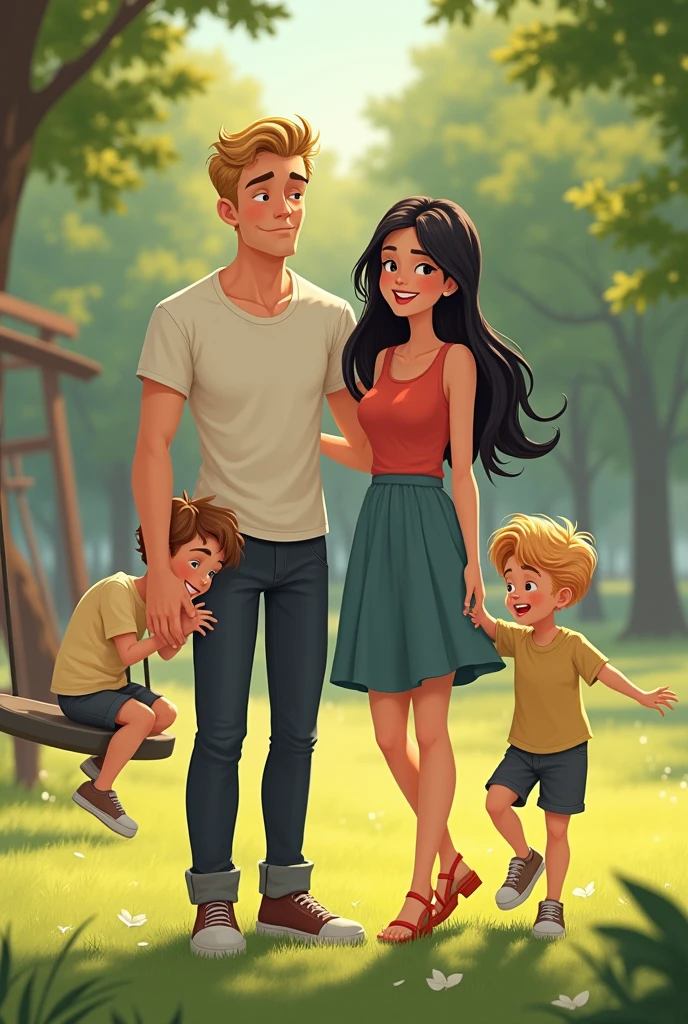 Slim 3 blond dad, with a  blond son, with mother with straight shoulder length black hair,
playing in the park