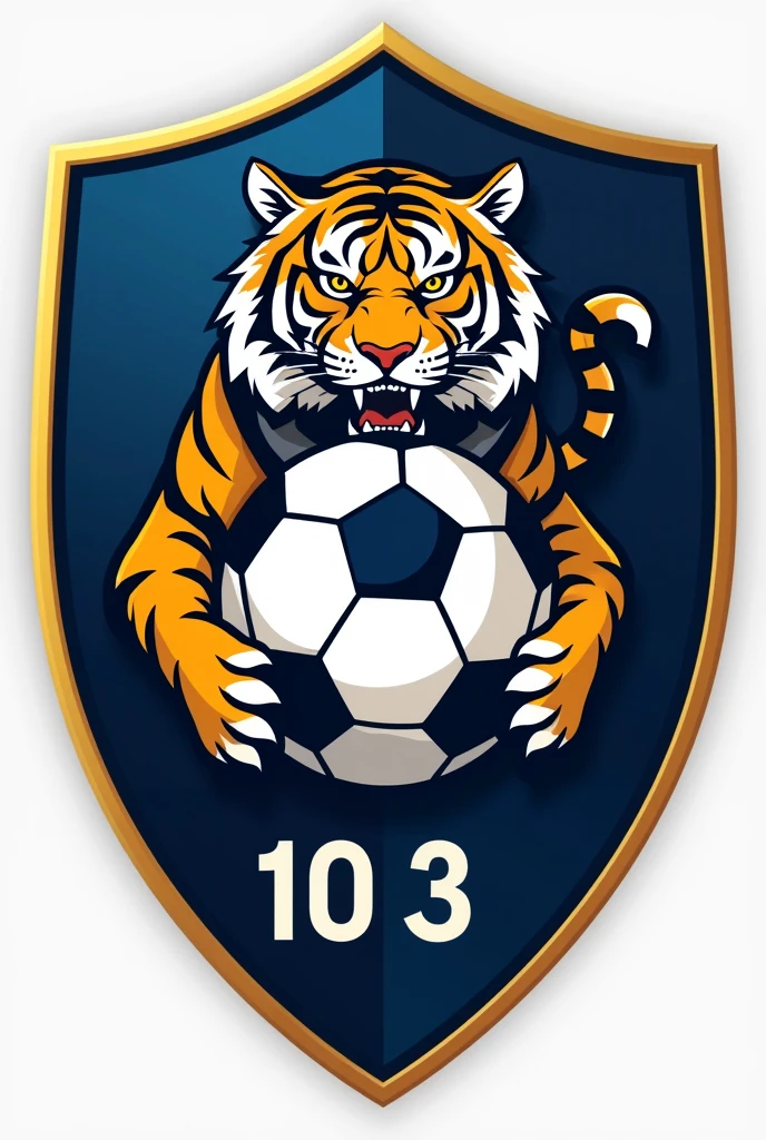 Shield for soccer team , WITHOUT LETTERS AND THAT THE COLOR GOLD WITH BLUE AND WHITE PREDOMINATES AND THAT IT IS ELEGANT AND THAT IT INCLUDES AN ELEGANT SOCCER BALL WITHOUT LETTERS OR NUMBERS AND A TIGER