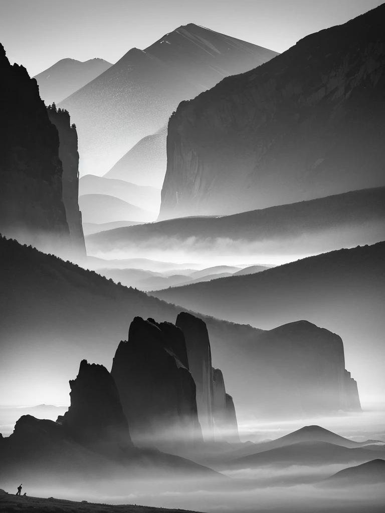 A cinematic shot of soft monochrome gradients merging like watercolor washes, forming the silhouette of a tiger. The background is a vast landscape with mountains and a sky. The overall image has an ethereal glow and no discernible edges. The color palette is white and light grey. The image is inspired by the tranquility of Mark Rothko's work and has a balance of subtlety and intricacy, calm and sophisticated.32KUHD --ar 1:2 --quality 2 --style raw --personalize 1khlp1t --stylize 500 --v 6.1
