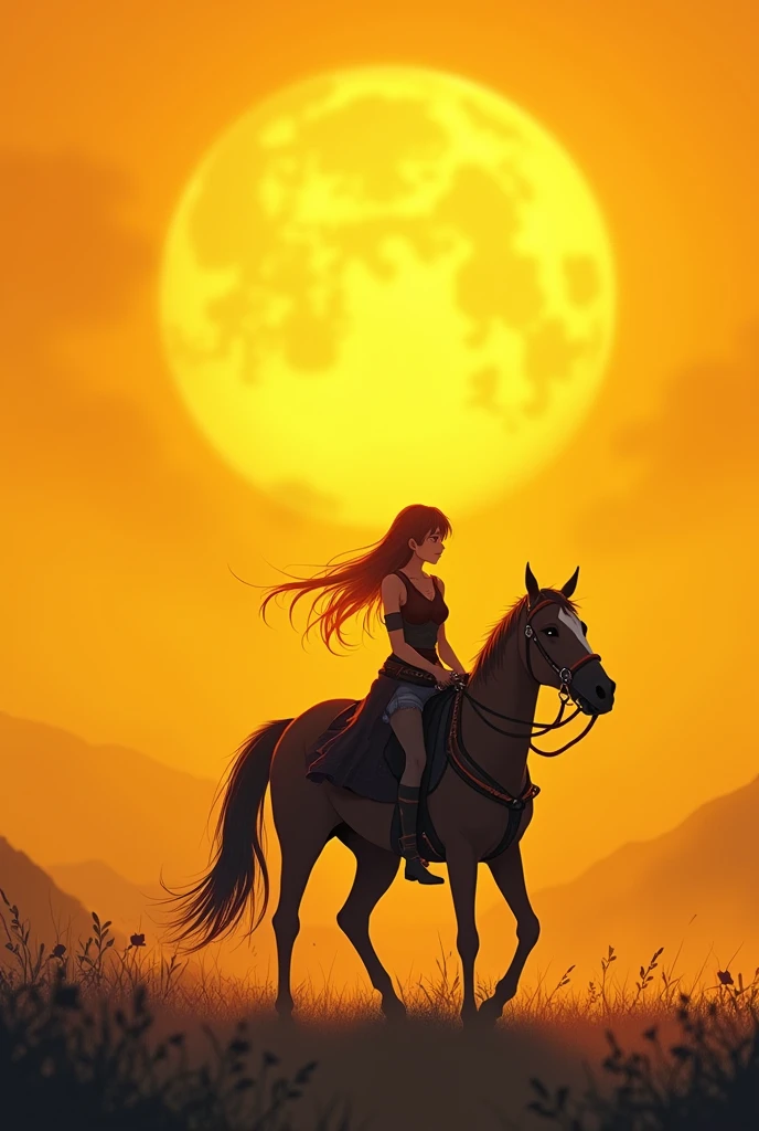 Anime, 2D drawing, warrior women walking behind a horse, bigger yellow sunset scene