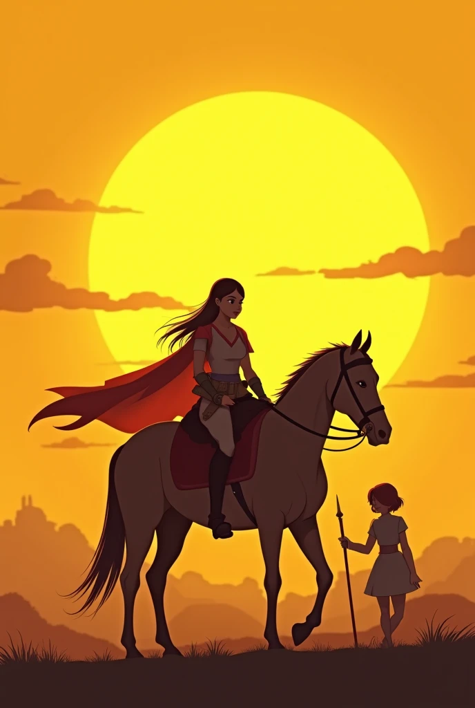 Anime, 2D drawing, warrior women walking behind a horse, bigger yellow sunset scene