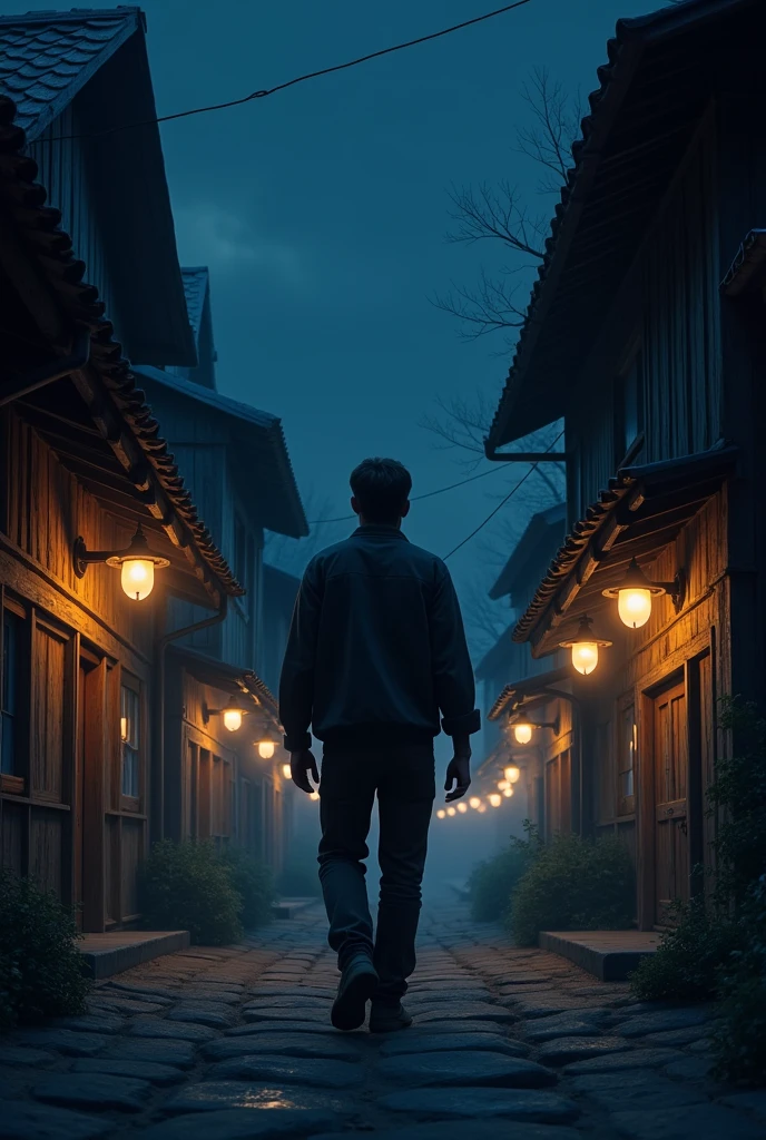 image of a man facing forward his face is seen walking at night in a village of wooden houses with dim round lights