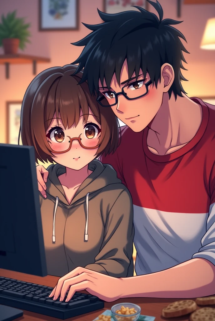 Anime cute gamer girl brown short hair and brown eyes wearing cute glasses big boobies, wearing a comfy sweatshirt with cool muscular dark haired dark eyes gamer guy wearing an indonesian flag printed on a black shirt playing on pc with snacks