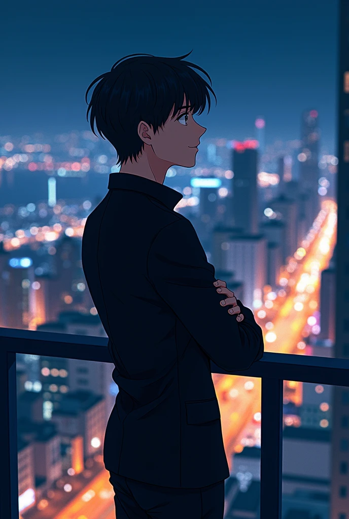 Create a man on a balcony happy with his arms crossed with medium bangs and sides of his hair cut with a black outfit looking at his city in anime version happy but not smiling with his arms on the balcony railings MAN from the side LOOKING AT HIS CITY a modern city and it is night

