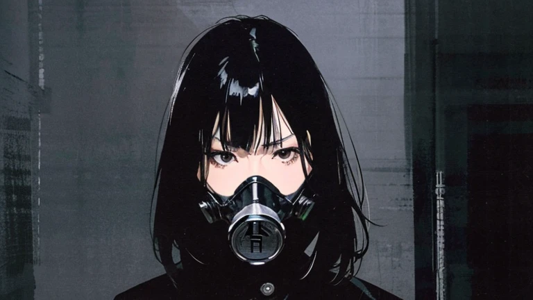 Black Hair、Cold look:1.5、Japanese woman in her 30s、Dark Background、One Cool Lady:1.5、Sharp Eye、night、whole photo、villain、bad expression、Woman wearing a gas mask、Dark Eyes、Black gloves、Ominous Machine Lifeform、Nihil