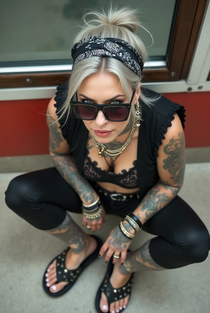 russian old milf woman, grey hair (bouffant, top bun) and oversized square sunglasses and wide colourful bandana as headband, with very light green eyes, extremely pale. Big lips. Black lace push up bra, silicone breast,, black yoga pants Flip flops. Lots of thick wide studded bracelets, chain collars and big rings,. Additional crossed loose belts,. Long earrings with chains and feathers. Sitting on the underground with legs apart. Neck, chest, stomach and wrists heavily tattoed. Toned abdominals, thin neck, slim legs and thin arms. Narrow hips and long legs. Exhausted, sleeping with mouth open and tilted face.. Seen from above