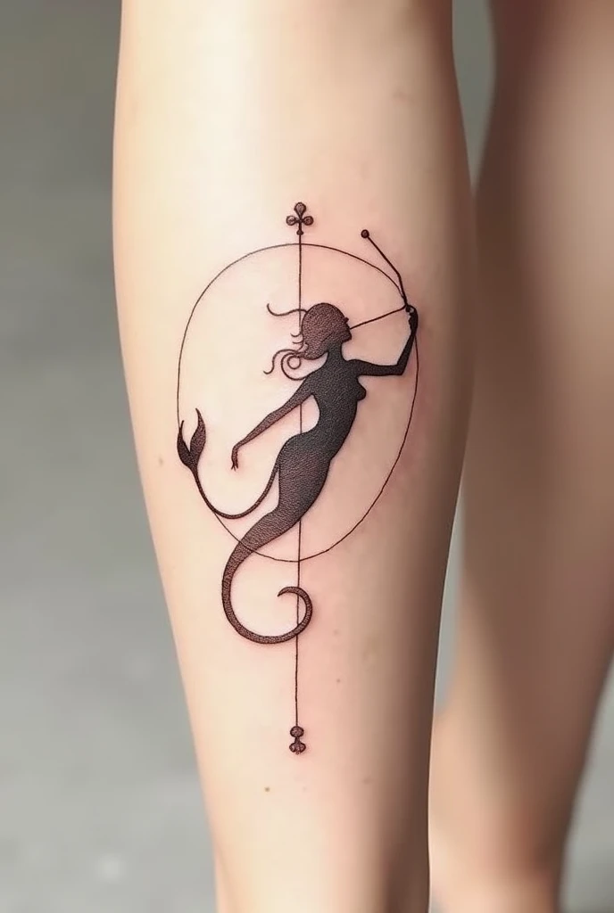 Minimalist tattoo on a woman&#39;s arm representing the astrological sign of Virgo with a wheat strand crown holding a bow and arrow and a scorpion next to her
