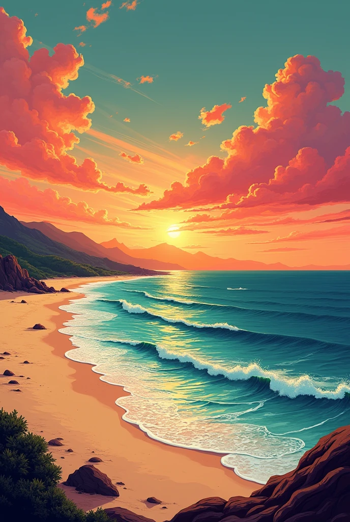 
I want a beach landscape overlooking a vast sea, and the sky in the afternoon is a little dark with orange colors, red and yellow with pink clouds, helluva boss style, drawn style