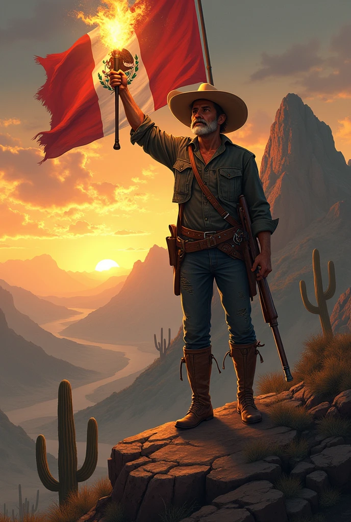 A lonely Mexican revolutionary, with a charro hat and a rifle, standing on a mountain peak at sunrise. The Mexican flag waves loudly behind him., while holding a lit torch aloft. The landscape is arid and rocky., with cactus and mountains in the background. style: Heroic realism.